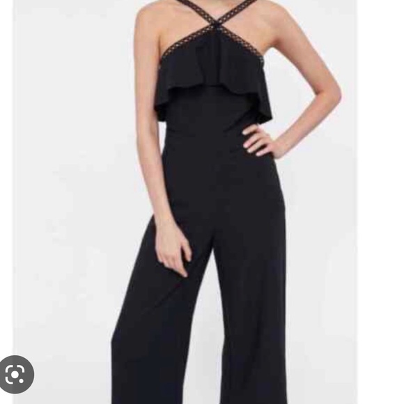 Zara Black Lace Trim Wide Leg Crop Jumpsuit - Picture 5 of 16